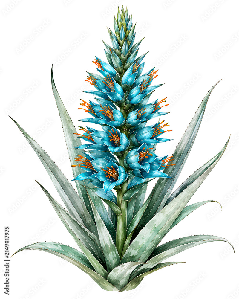 Fototapeta premium Watercolor Blue Puya (Puya berteroniana) Isolated on Pure White Background