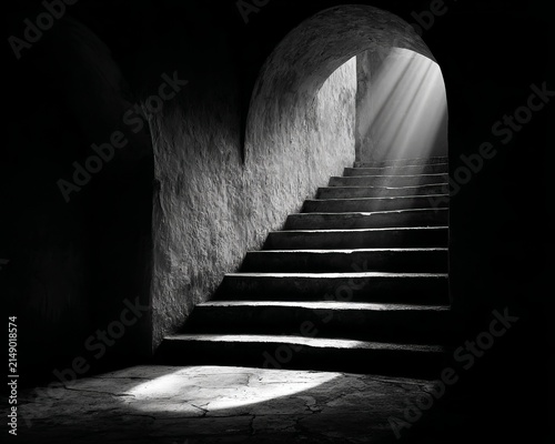 Mysterious Stairway to Light - A Black and White Architectural Study.