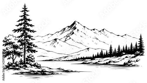 Mountain Landscape Illustration Featuring Evergreen Forest and Pine Tree Silhouettes