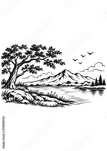 Landscape Illustration of a Scenic Mountain Range with a Large Tree by the Lake