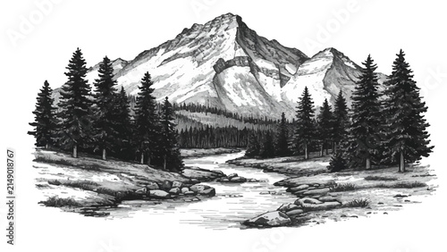 Mountain Landscape Illustration Featuring a Flowing River and Evergreen Pine Forest