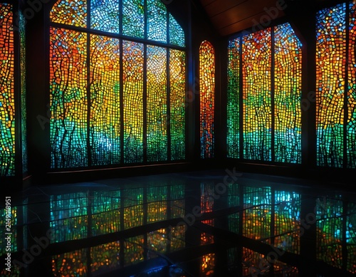 Stained glass window art of Magical glow worm caves of Waitomo

