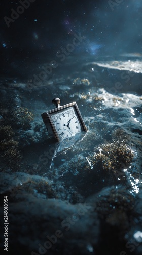 Surreal Time - A Clock Submerged in a Dreamlike Underwater World.