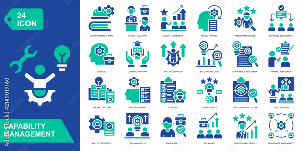 Fototapeta premium Capability Management Solid Icon Set. Featuring workforce planning, skill assessment, talent development, and resource management. Vector icons for HR software and business platforms.