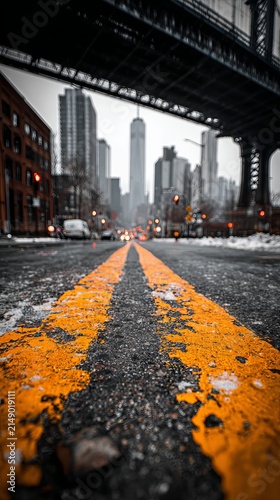 Urban Perspective - Yellow Lines Leading to the New York City Skyline.