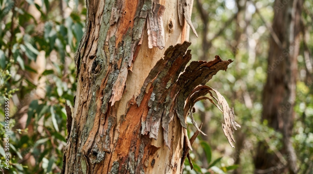 Fototapeta premium Close up of peeling bark on a eucalyptus tree trunk with colorful patterns.
