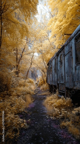 Abandoned Train Carriage Amidst Autumnal Forest Splendor - A Surreal Landscape.