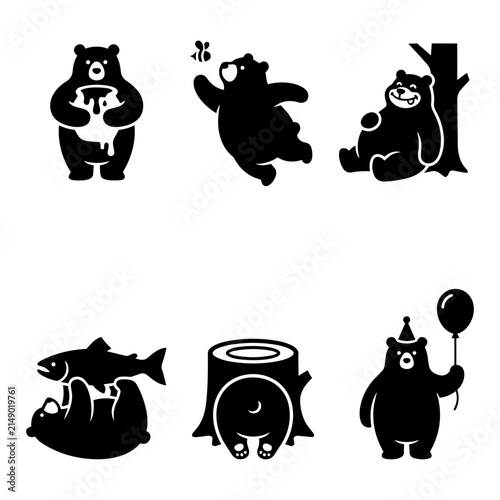 Canvas Print Cute grizzly bear icons set vector illustration featuring bear with honey pot, c