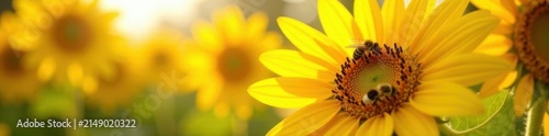 Busy bees pollinating vibrant sunflowers in bright sunlight, high resolution, stem
