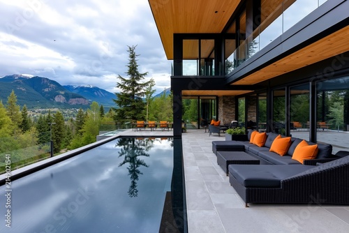 A large outdoor living area with a pool and a view of the mountains