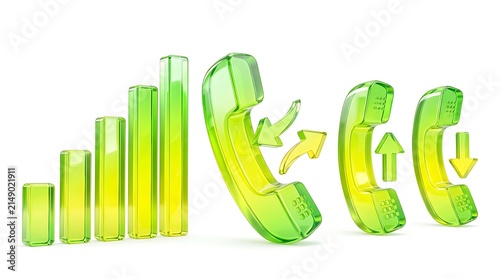 Glossy green glass telephone handset icons displaying signal strength and incoming outgoing call data flow visualization