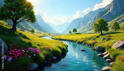 Sun-drenched valley, river snakes through vibrant flora, valley, winding