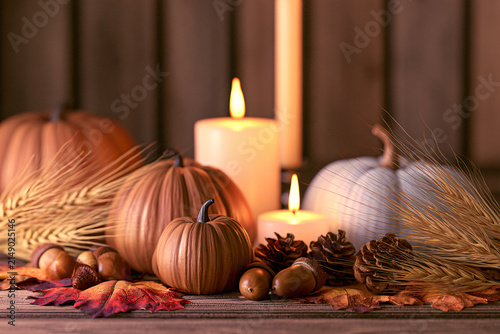 Thanksgiving Day Celebration with Traditional Turkey Dinner and Autumn Decorations