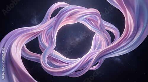 Abstract flowing liquid ribbons in soft pastel pink and purple hues creating a dynamic knotted circular motion effect
