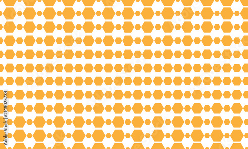 Yellow hexagon halftone pattern seamless vector background, geometric honeycomb grid graphic, and yellow orange cell texture wallpaper. Flat and modern vector design.