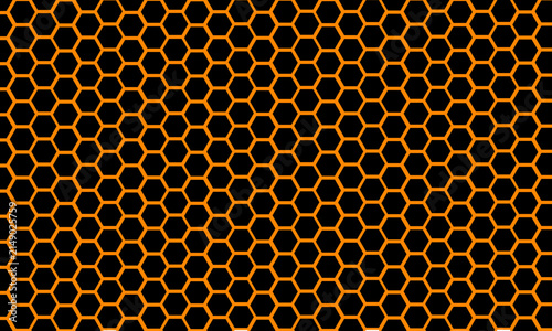 Orange honeycomb pattern seamless vector background, black hexagon grid texture graphic, and modern geometric mesh wallpaper. Flat and modern vector design.
