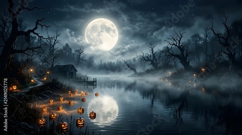 Full moon shines over a mist-covered lake surrounded by glowing lanterns and dark, leafless trees.