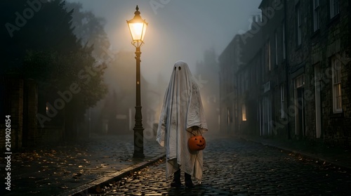 Ghost dressed in a white sheet holds a carved pumpkin bucket while standing under an old lamp post.