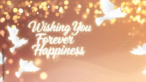 Ethereal Golden Background Featuring Radiant Bokeh Lights and Flying White Doves Representing Peace and Joyful Celebrations for Special Occasions