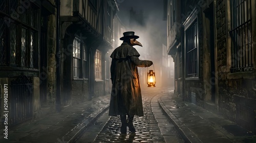 Plague doctor walks through a cobblestone alleyway at night while carrying a glowing oil lantern.
