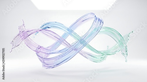 Abstract flowing liquid ribbons in holographic pastel colors creating an infinity loop shape on clean white background