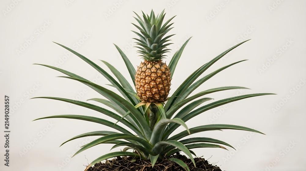 Fototapeta premium Pineapple plant with a ripe fruit growing on top.