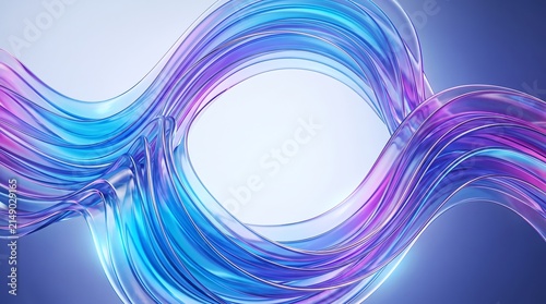 Abstract flowing wave background with luminous blue and purple glass ribbons creating a dynamic circular motion effect