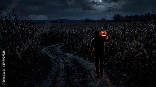 Person walks along a dark rural path through a cornfield carrying a glowing pumpkin lantern under the light of a full moon.