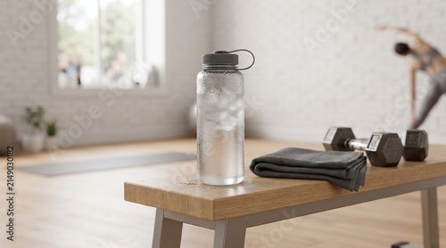 Reusable Water Bottle with Ice on Gym Bench, Towel and Dumbbells in Modern Fitness Studio