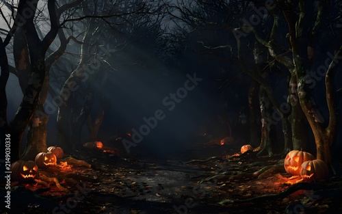 Campfire in dense dark forest at night with glowing embers and misty atmosphere