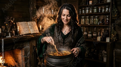 Woman dressed in dark robes stirs a bubbling cauldron inside a dimly lit rustic cabin filled with ancient books and potions.
