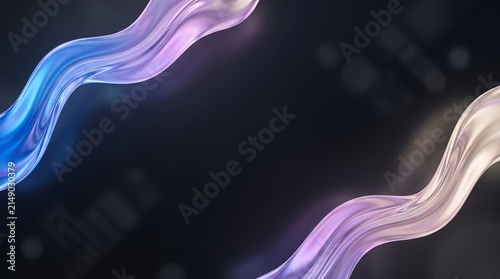 Abstract flowing liquid ribbons with vibrant blue and purple gradients glowing against a deep dark background surface