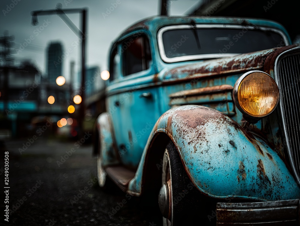 Fototapeta premium Vintage Blue Car with Rust in Urban Setting.