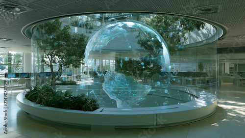 Modern lobby with futuristic glass globe centerpiece with surrounded lush indoor greenery illuminated natural light streaming through expansive glass walls