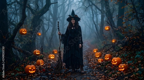 Witch dressed in a dark gown and pointed hat stands holding a wooden broomstick in a misty woodland path lined with numerous glowing jack-o'-lanterns during an autumn evening.