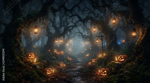 Spooky enchanted forest path at night illuminated by glowing jack o lanterns and hanging vintage lanterns