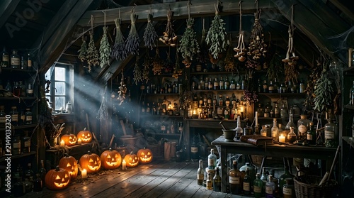 Pumpkins with glowing faces decorate a rustic apothecary workshop filled with dried herbs and vintage glass bottles in a magical setting.
