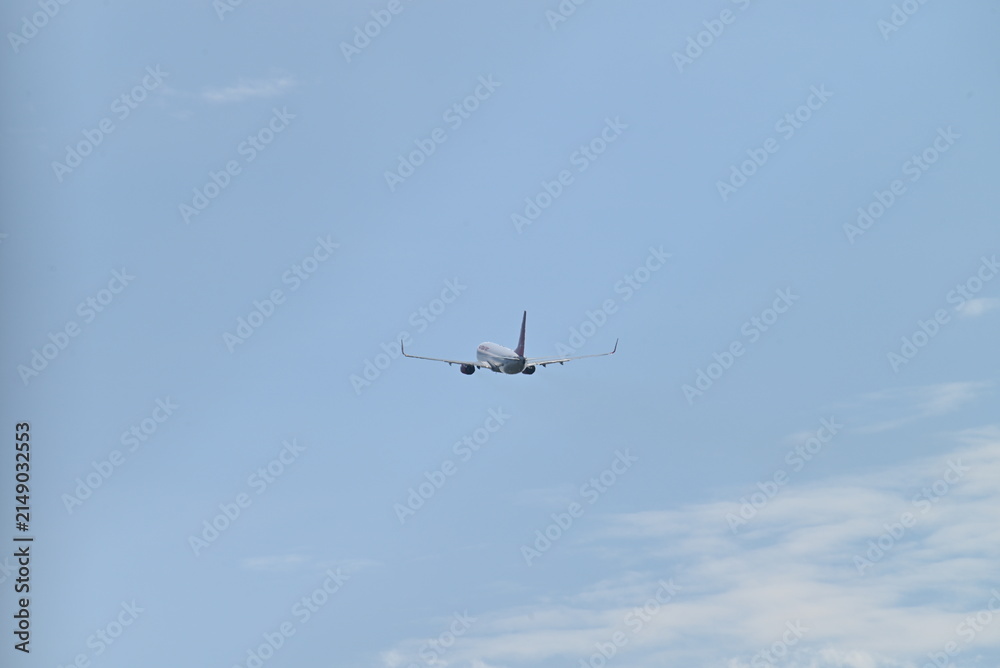Fototapeta premium 広大な青空へ向かって遠ざかる飛行機