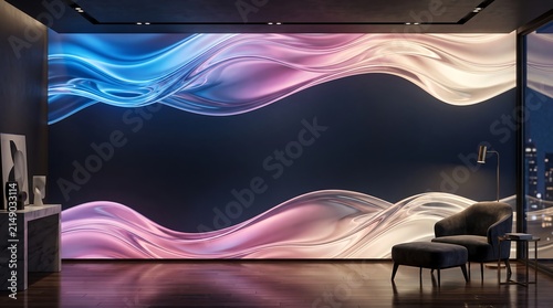 Large glowing digital art wall with fluid neon light waves in modern luxury lounge interior at night
