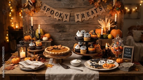 Festive halloween party table decorated with spooky treats cupcakes pumpkin pie and glowing candles for an autumn celebration