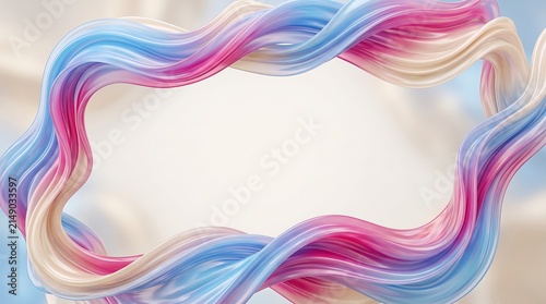 Abstract flowing liquid frame with pastel pink blue and cream ribbons creating a soft dynamic border design