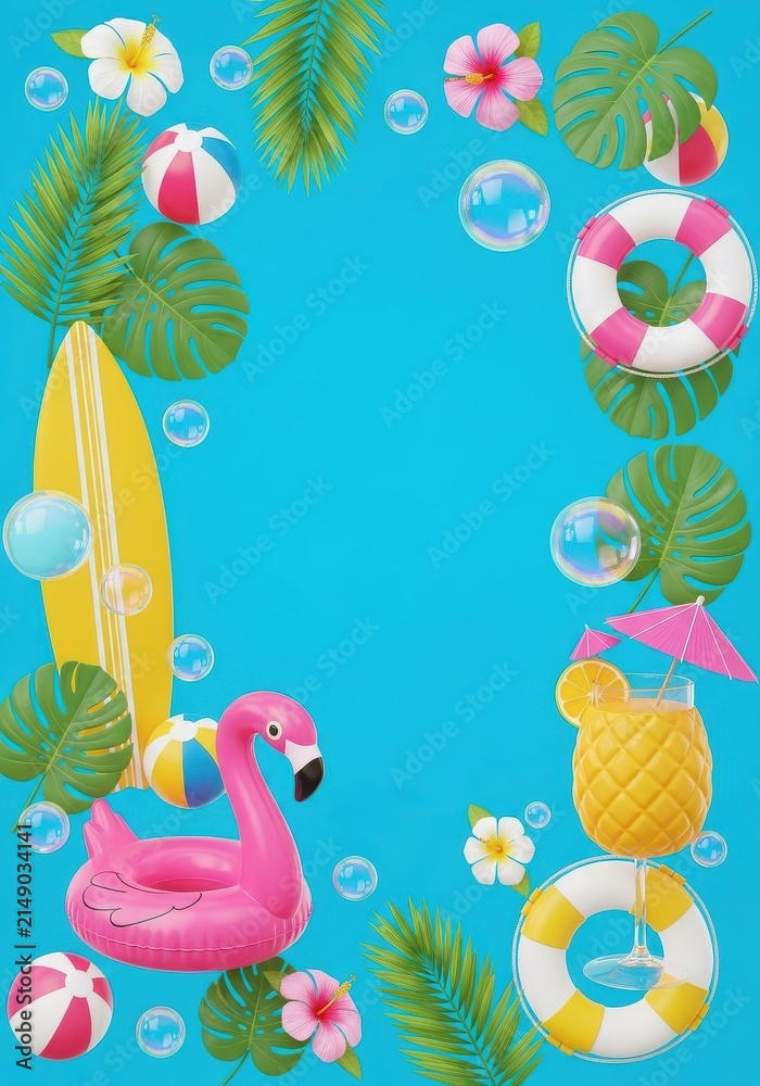 Fototapeta premium Summer Tropical Vacation Background with 3D Flamingo Floatie Surfboard Pineapple Cocktail and Beach Elements Frame