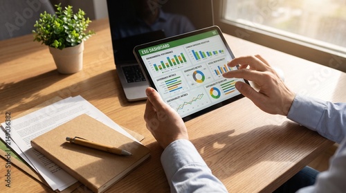 Hands Reviewing ESG Sustainability Dashboard