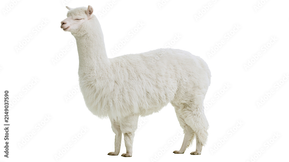 Obraz premium White alpaca with fluffy wool standing profile view