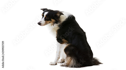 Fotografie Border Collie dog sitting looking to the side, black white and tan fur