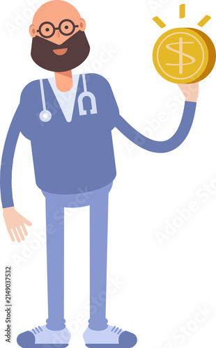 Male Physician Character Holding Dollar Coin
