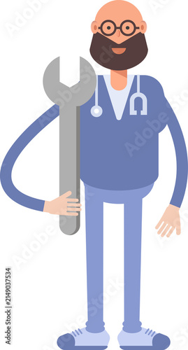 Male Physician Character Holding Wrench
