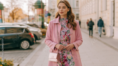Young woman in a pink coat and floral dress walking confidently on a stylish city street