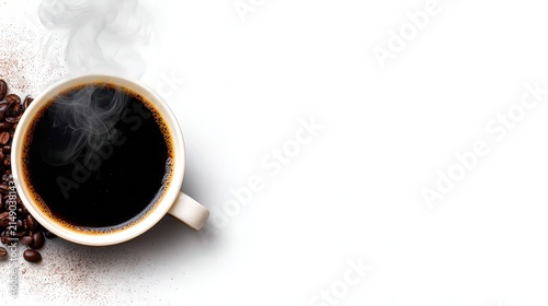 A top-down view of a steaming cup of black coffee surrounded by coffee beans, ideal for use in culinary blogs, advertisements, or publications focused on beverages and relaxation,
