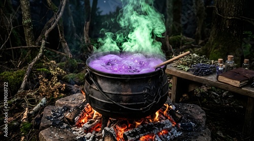 Cauldron bubbling with magical purple liquid emits vibrant green smoke over a crackling campfire.